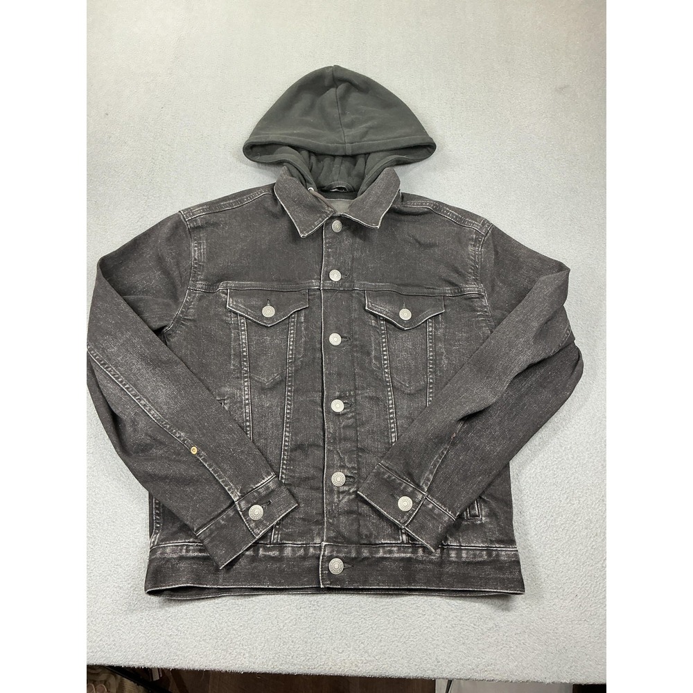 American‎ Eagle Jacket Mens Small Gray Denim Hooded Trucker Bomber Button Front